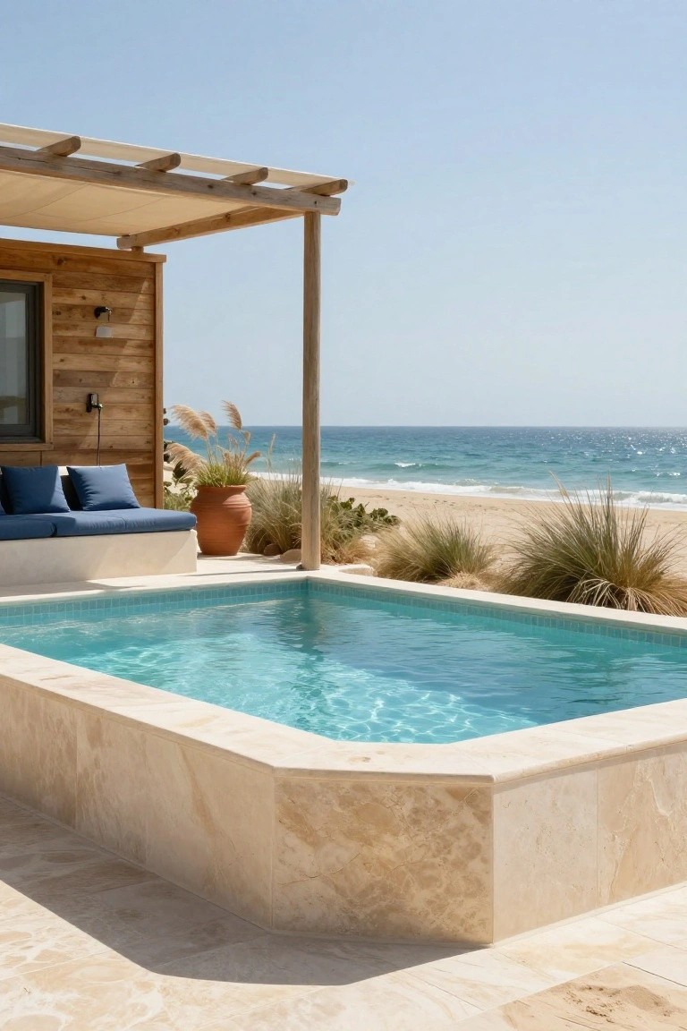 Small rectangular turquoise pool with zero-edge design next to a wooden cabin, blue cushioned bench, terracotta pot with plant, beach grasses, wooden pergola with beige canopy, and ocean beach view on a clear day.
