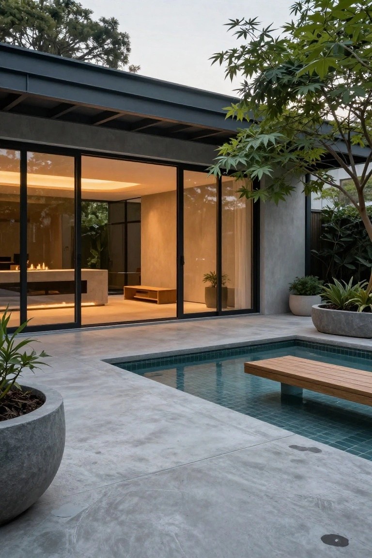Modern concrete home exterior with large open sliding glass doors showing living room interior, adjacent zero-edge swimming pool on gray deck with potted plants, wooden bench platform, and surrounding greenery at dusk.