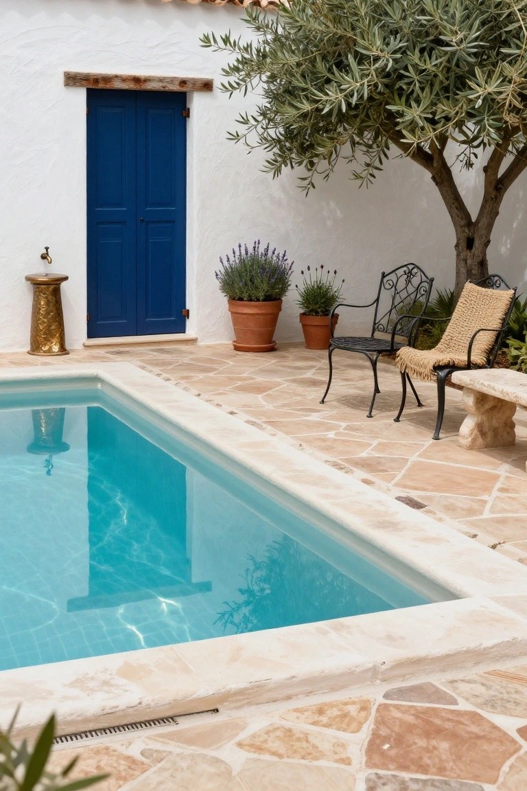 Rectangular blue pool with flush tile edge beside white stucco wall, blue double doors, gold pedestal faucet, olive tree, potted lavender, metal chairs, and stone bench on patterned tile patio.