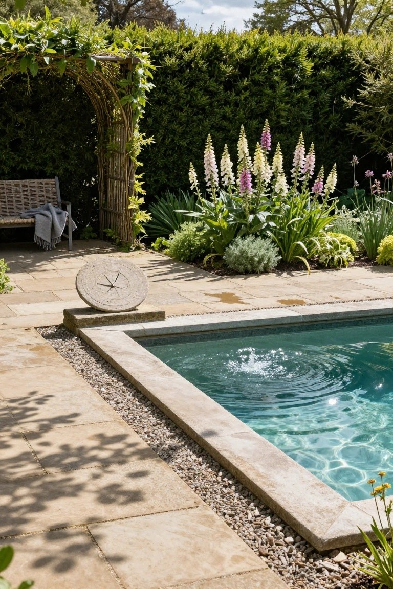Stone patio surrounding a rectangular zero-edge swimming pool with bubbling turquoise water, a stone sundial on a pedestal nearby, a wicker bench under a vine-covered wooden arbor, tall foxglove flowers, and dense green hedges in the background.