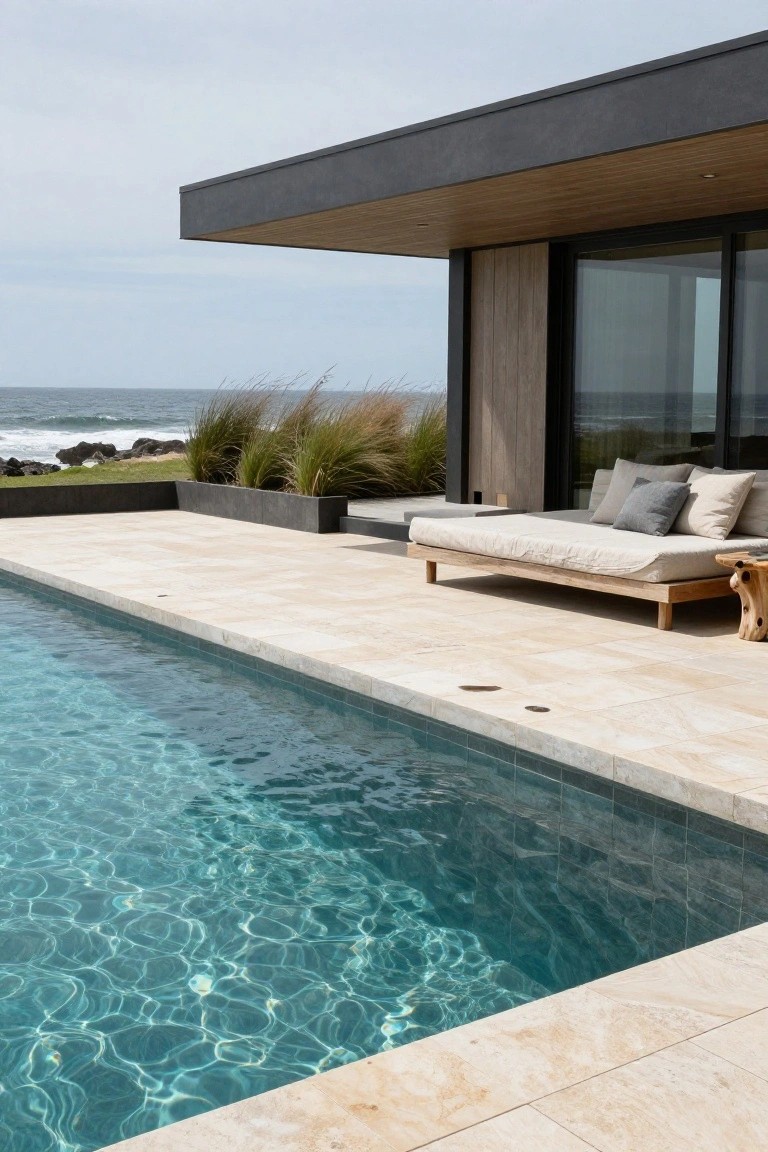 Modern outdoor pool area with zero-edge infinity pool, wooden daybed on beige travertine patio beside a contemporary house, tall grasses and ocean view in background.