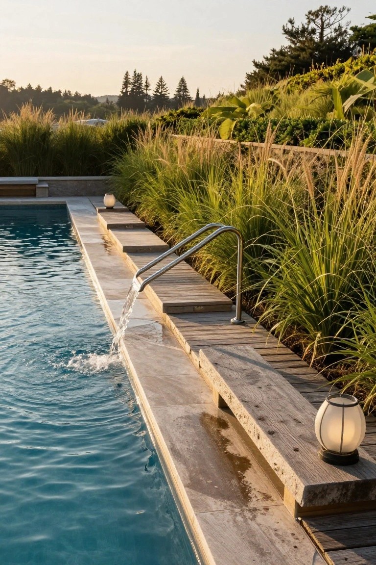 Rectangular infinity-edge swimming pool with water cascading over the edge from a stainless steel handrail, wooden steps and platforms along the side, tall ornamental grasses, lanterns, and wooded hillside in the background at sunset.