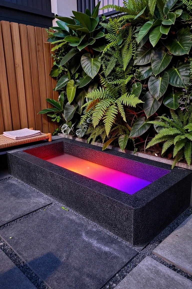 23 Smart Inground Pool Lighting Ideas That Brighten Every Corner Rectangular inground pool with black stone edges containing shallow water illuminated by shifting red, pink, and purple LED lights, next to a rattan bench with folded towels, surrounded by lush green tropical plants and a wooden fence on a dark paved patio.