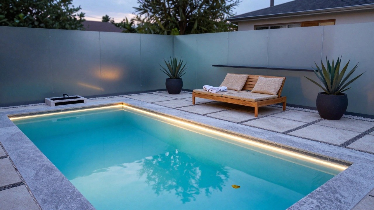 Twilight photo of an inground pool with thin LED strip lights glowing along the water edge, wooden bench with white throw and pillows next to a black potted agave plant, gray walls and trees in background.
