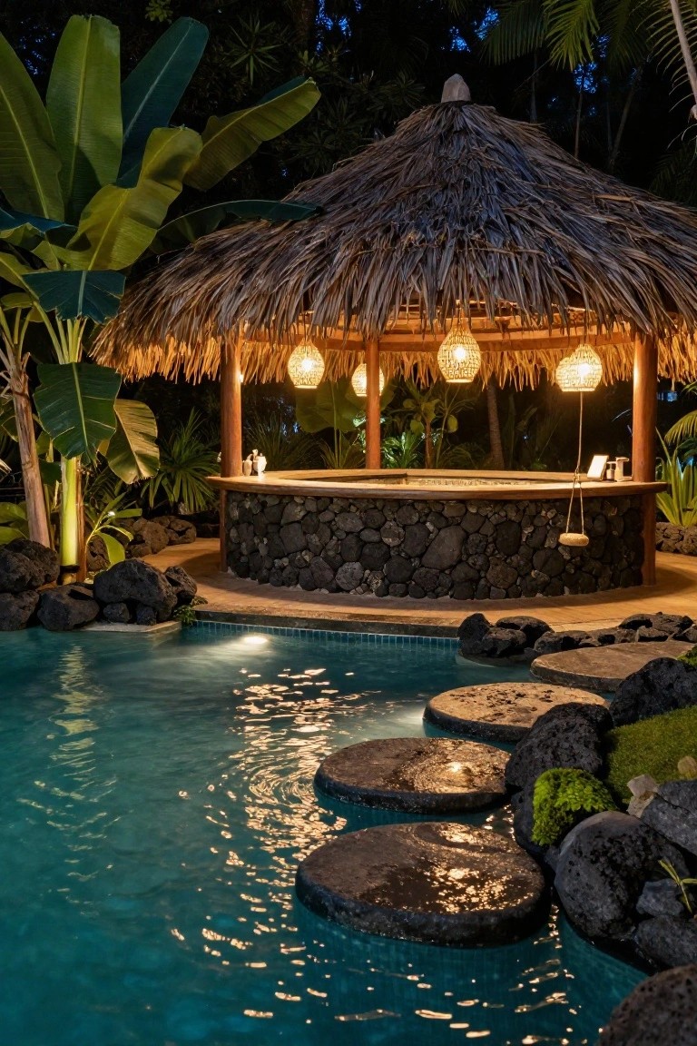 23 Smart Inground Pool Lighting Ideas That Brighten Every Corner Thatched tiki bar with hanging lantern lights over a curved black stone countertop beside a lit inground pool with stepping stones, lava rocks, and tropical plants at night.