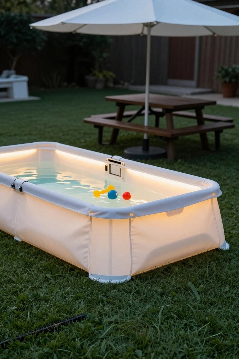 23 Smart Inground Pool Lighting Ideas That Brighten Every Corner Small above-ground pool with white fabric sides and blue LED lighting glowing around the edges in a grassy backyard next to a picnic table and umbrella.