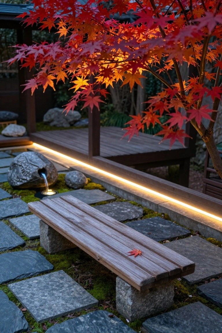 23 Smart Inground Pool Lighting Ideas That Brighten Every Corner Wooden bench on irregular stone pavers in a dusk-lit Japanese-style garden, with LED strip lights glowing under the edge of a nearby raised wooden deck, red maple tree overhead, rock water feature, and mossy ground.