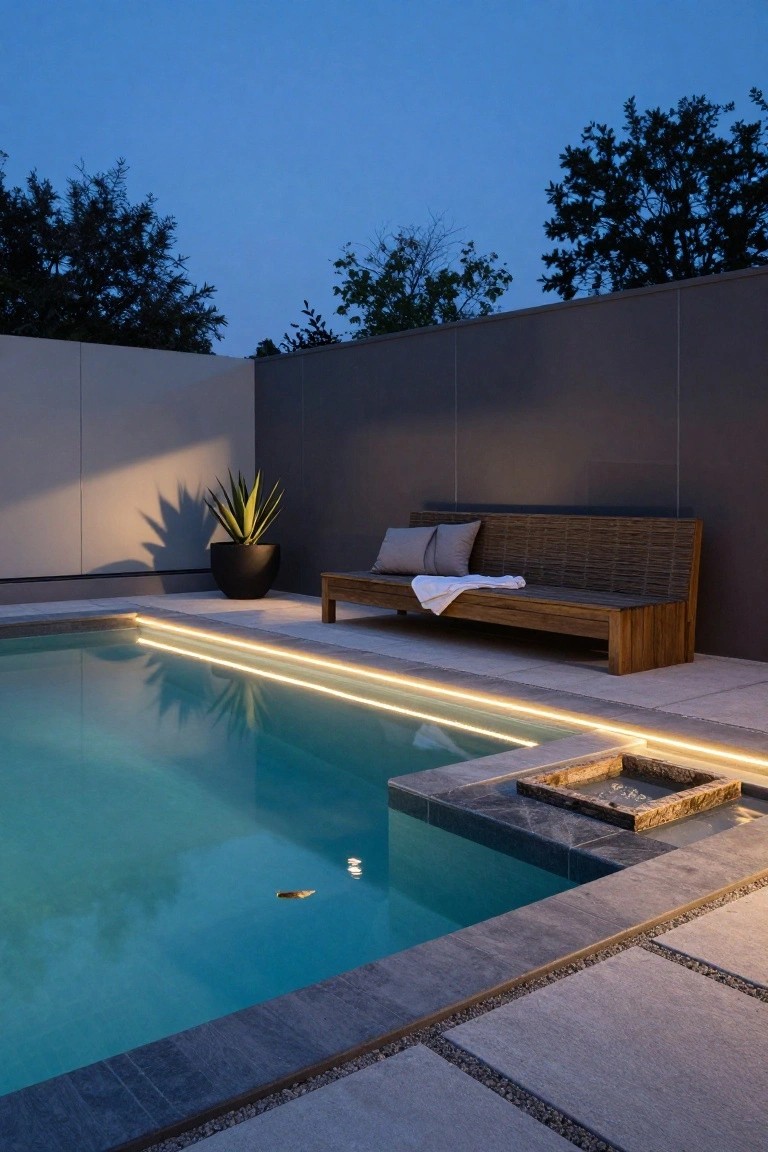 23 Smart Inground Pool Lighting Ideas That Brighten Every Corner Twilight photo of an inground pool with thin LED strip lights glowing along the water edge, wooden bench with white throw and pillows next to a black potted agave plant, gray walls and trees in background.