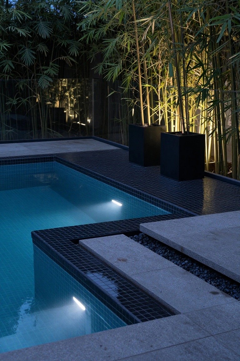 23 Smart Inground Pool Lighting Ideas That Brighten Every Corner Nighttime photo of a rectangular inground pool with blue water illuminated by white LED strips along the black mosaic tiled edges, surrounded by dark tiled deck, stone steps, black square planters, and tall bamboo screening.