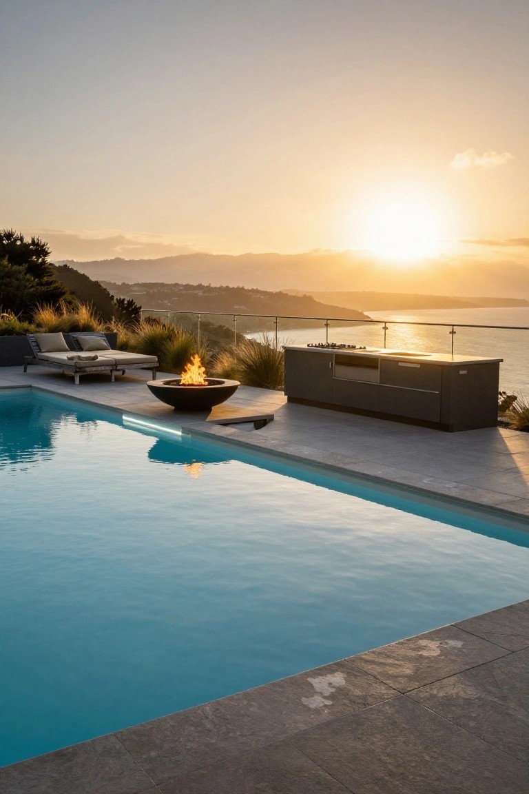 23 Smart Inground Pool Lighting Ideas That Brighten Every Corner Inground pool with blue LED edge lighting reflecting in the water, next to a dark outdoor kitchen counter, round fire bowl, daybed loungers, and ocean view at sunset.