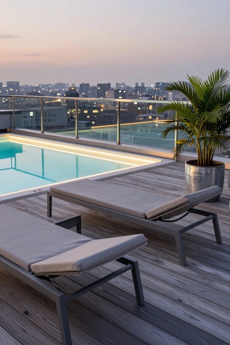 23 Smart Inground Pool Lighting Ideas That Brighten Every Corner Rooftop inground pool with glowing turquoise edge lighting at dusk, wooden deck with two gray lounge chairs, metal potted palm plant, and glass railing overlooking city skyline.
