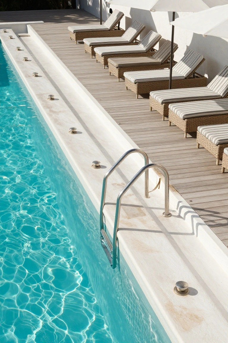 23 Smart Inground Pool Lighting Ideas That Brighten Every Corner Inground pool with turquoise water, white coping edge featuring multiple recessed stainless steel fixtures, stainless steel ladder, adjacent wooden deck with woven lounge chairs and white umbrellas.