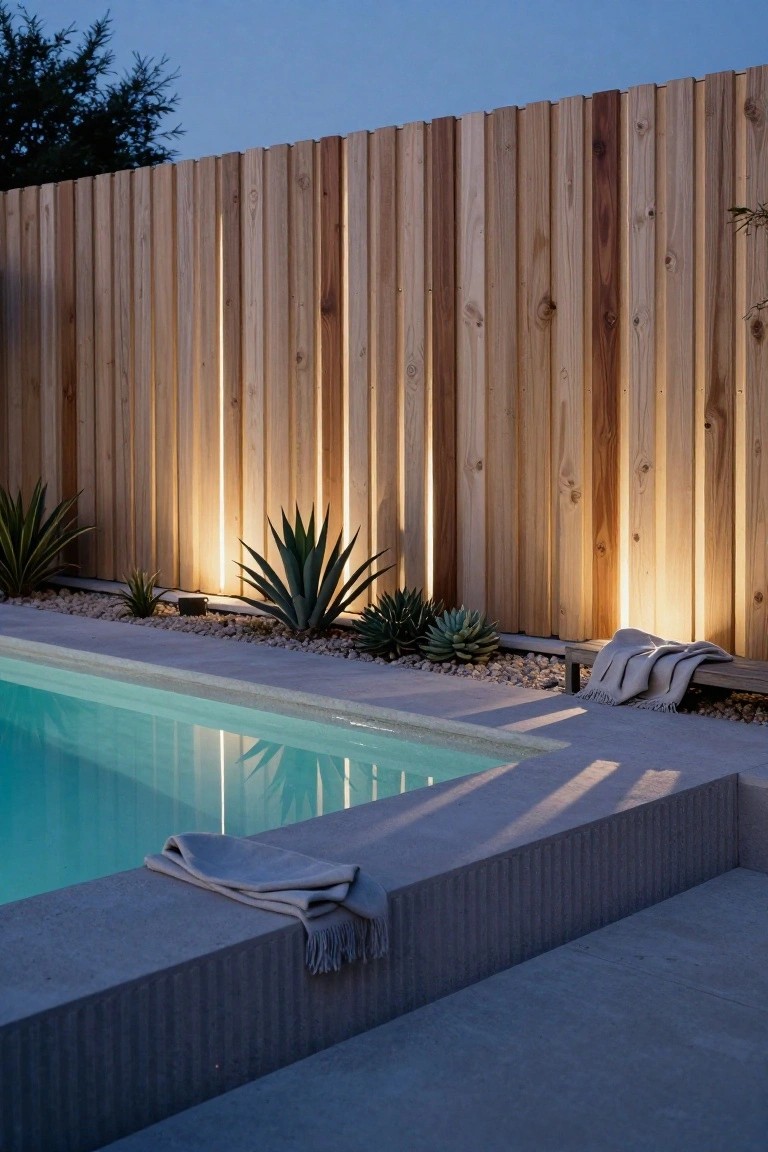 23 Smart Inground Pool Lighting Ideas That Brighten Every Corner Backyard inground pool at dusk with uplights creating vertical glows along gaps in a wooden slatted fence, agave plants in front, gray towels folded on a concrete bench beside the pool edge.