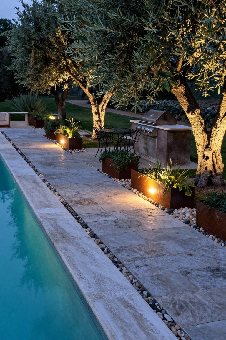 23 Smart Inground Pool Lighting Ideas That Brighten Every Corner Nighttime view along an inground pool edge with a stone path lined by corten steel planters containing plants and integrated lights, uplit olive trees, a nearby grill station, chairs, and gravel accents.
