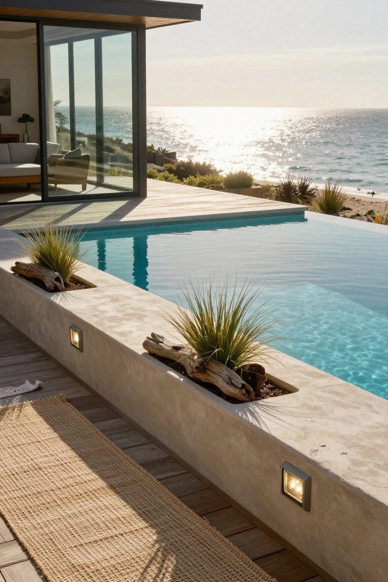23 Smart Inground Pool Lighting Ideas That Brighten Every Corner Infinity-edge inground pool with turquoise water and stone coping containing recessed square lights, grasses, and driftwood planters, on a wooden deck beside a modern glass-walled house overlooking the ocean.