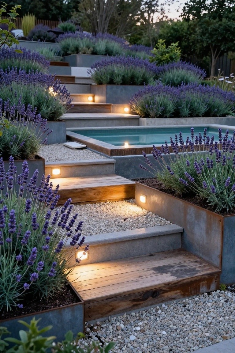 23 Smart Inground Pool Lighting Ideas That Brighten Every Corner Terraced concrete and wooden stairs descending to a small rectangular inground pool, surrounded by lavender plants in rusted metal planters, gravel paths, and recessed wall lights illuminating the scene at dusk.