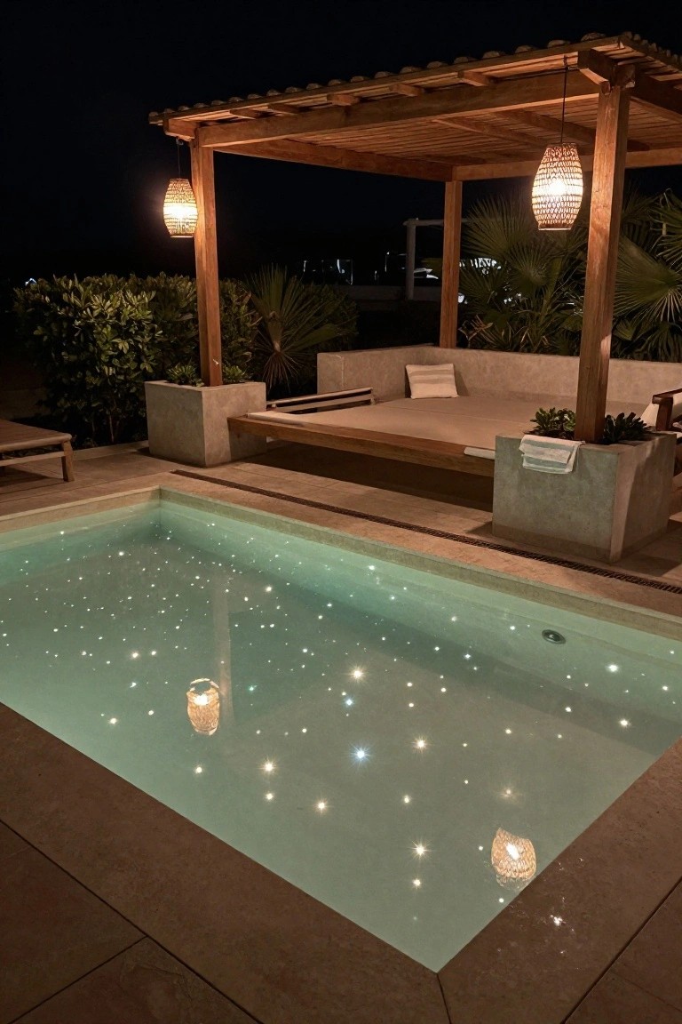 23 Smart Inground Pool Lighting Ideas That Brighten Every Corner Nighttime photo of a small rectangular inground pool with numerous tiny starry lights glowing from underwater, wooden pergola with hanging rattan lanterns overhead, cushioned daybed, potted plants in concrete containers, and tiled terrace decking.
