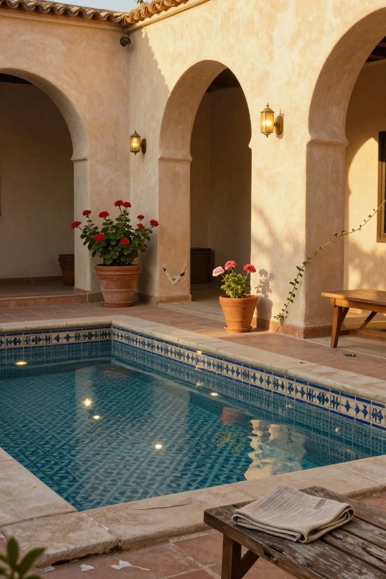 23 Smart Inground Pool Lighting Ideas That Brighten Every Corner Small inground pool with blue mosaic tiles illuminated from underwater lights, surrounded by beige arched walls, terracotta pots of red geraniums, a wooden bench with folded towel, and warm evening light in a courtyard.