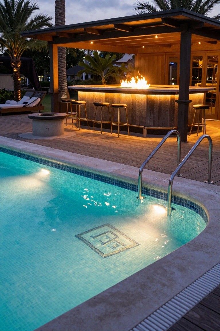 23 Smart Inground Pool Lighting Ideas That Brighten Every Corner Nighttime photo of a glowing inground pool with underwater lights, adjacent curved wooden bar backlit by flames, bar stools, lounge chairs, fire pit, and palm trees on a wooden deck.