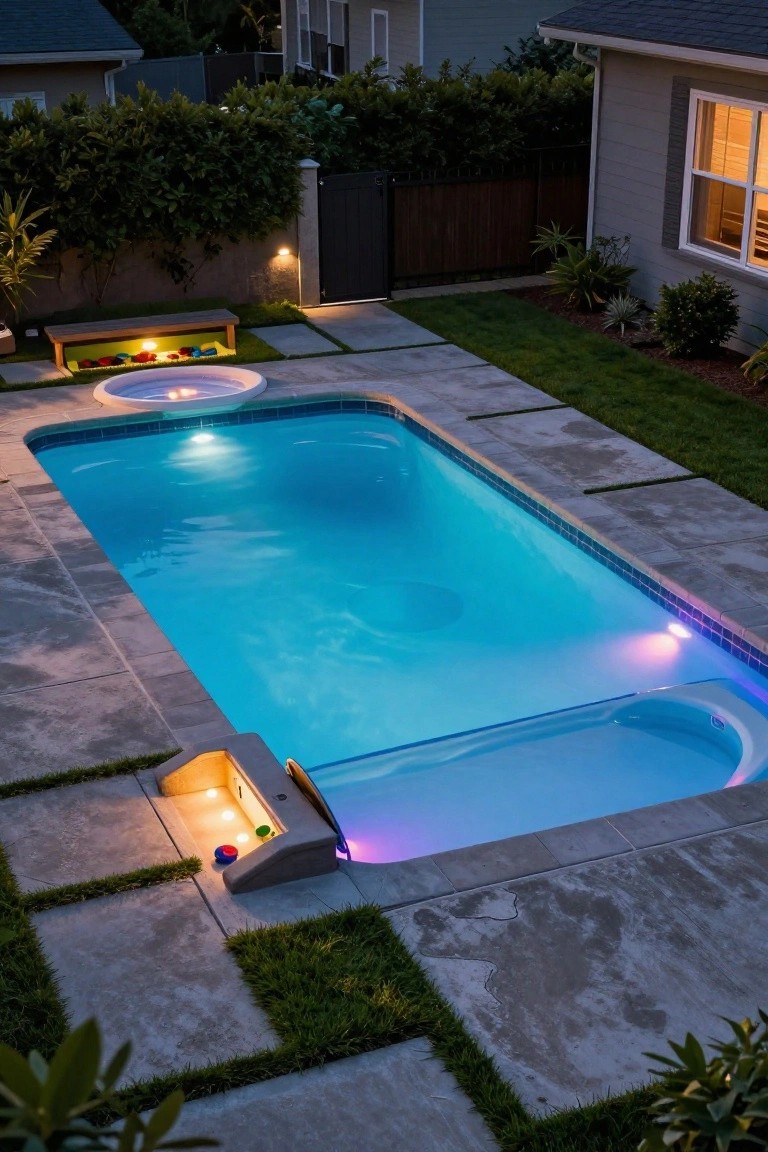 23 Smart Inground Pool Lighting Ideas That Brighten Every Corner Overhead photo of a rectangular inground swimming pool and adjacent hot tub at night, illuminated by blue underwater lights in the pool and purple lights on steps and spa edges, with surrounding concrete pavers, grass strips, plants, fence, and a bench nearby.