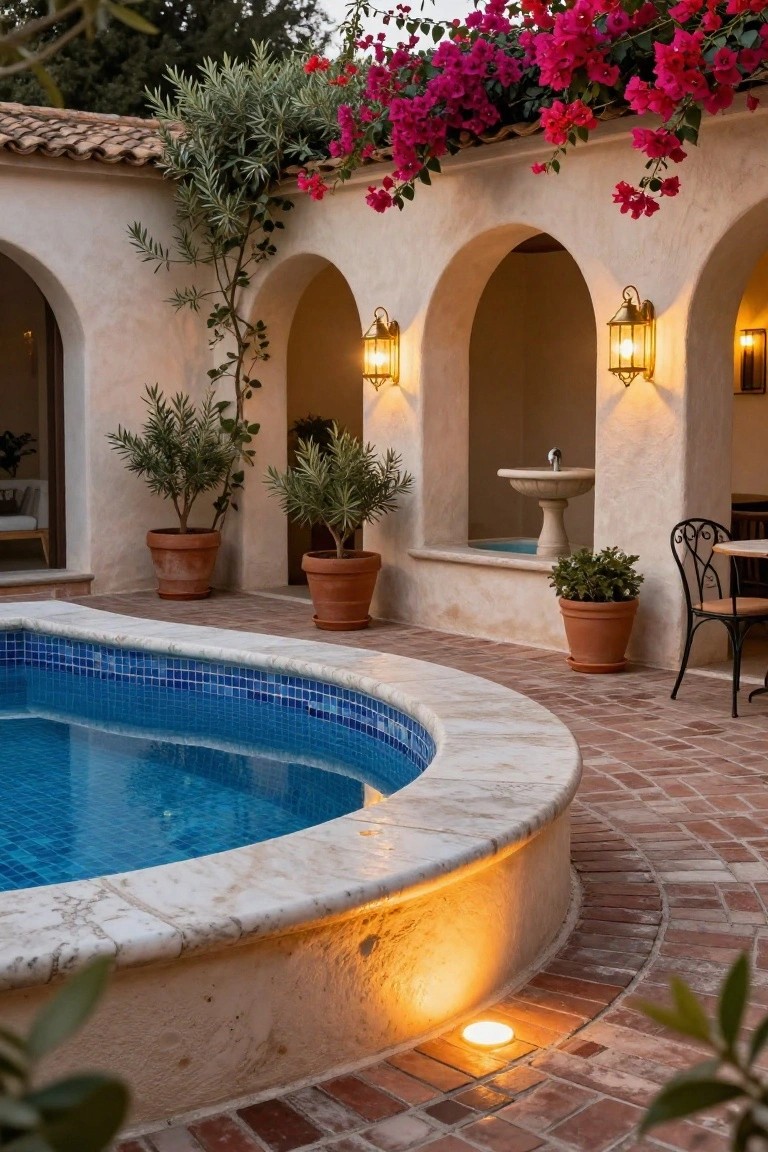 23 Smart Inground Pool Lighting Ideas That Brighten Every Corner Curved inground pool with blue mosaic tiles and white marble edging in a stucco courtyard featuring arched walls, potted olive trees, bougainvillea vines, wall lanterns, a fountain, and cafe seating on brick pavers at dusk.
