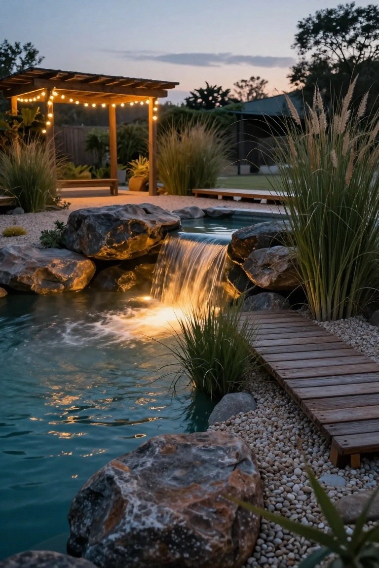 23 Smart Inground Pool Lighting Ideas That Brighten Every Corner Inground pool featuring a rock waterfall with underwater lighting creating a glow on the water and stones, surrounded by pebbles, ornamental grasses, a wooden walkway, and a pergola with string lights at dusk.