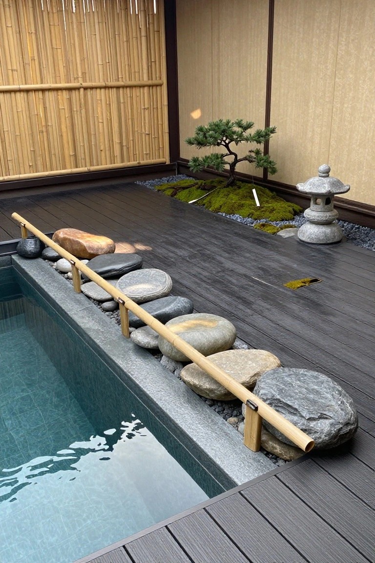 23 Smart Pool Deck Privacy Ideas That Still Feel Open Outdoor pool deck with turquoise water in a tiled basin edged by large natural stones and bamboo handrails, surrounded by dark wood decking, bamboo fencing, a bonsai tree, moss garden, and stone lantern.