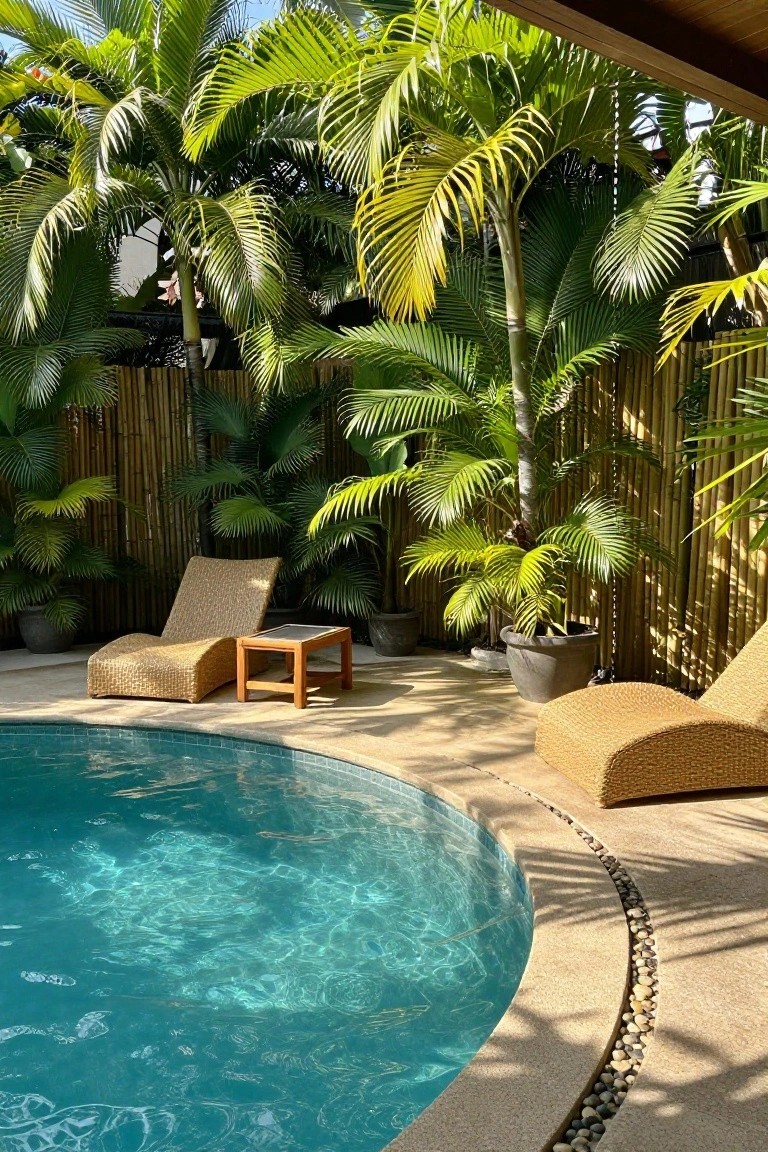 Curved turquoise pool edged in beige stone and pebbles, with two woven loungers and a wooden side table nearby, surrounded by tall bamboo fencing and lush green palm trees.