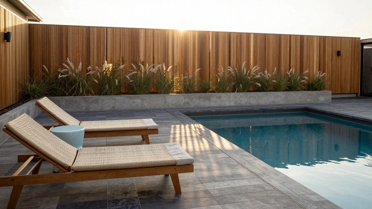 Pool deck with three beige woven loungers and turquoise water, bordered by dark gray tiles and surrounded by tall vertical slatted wooden fence with potted tall grasses.