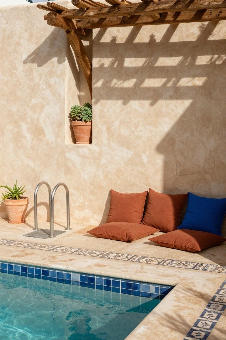 23 Smart Pool Deck Privacy Ideas That Still Feel Open Pool deck corner with blue mosaic tiled edge, stainless steel ladder, terracotta pots with succulents and aloe, large orange and blue floor pillows lined along the deck, wooden pergola overhead, and beige stucco wall with plant niche.