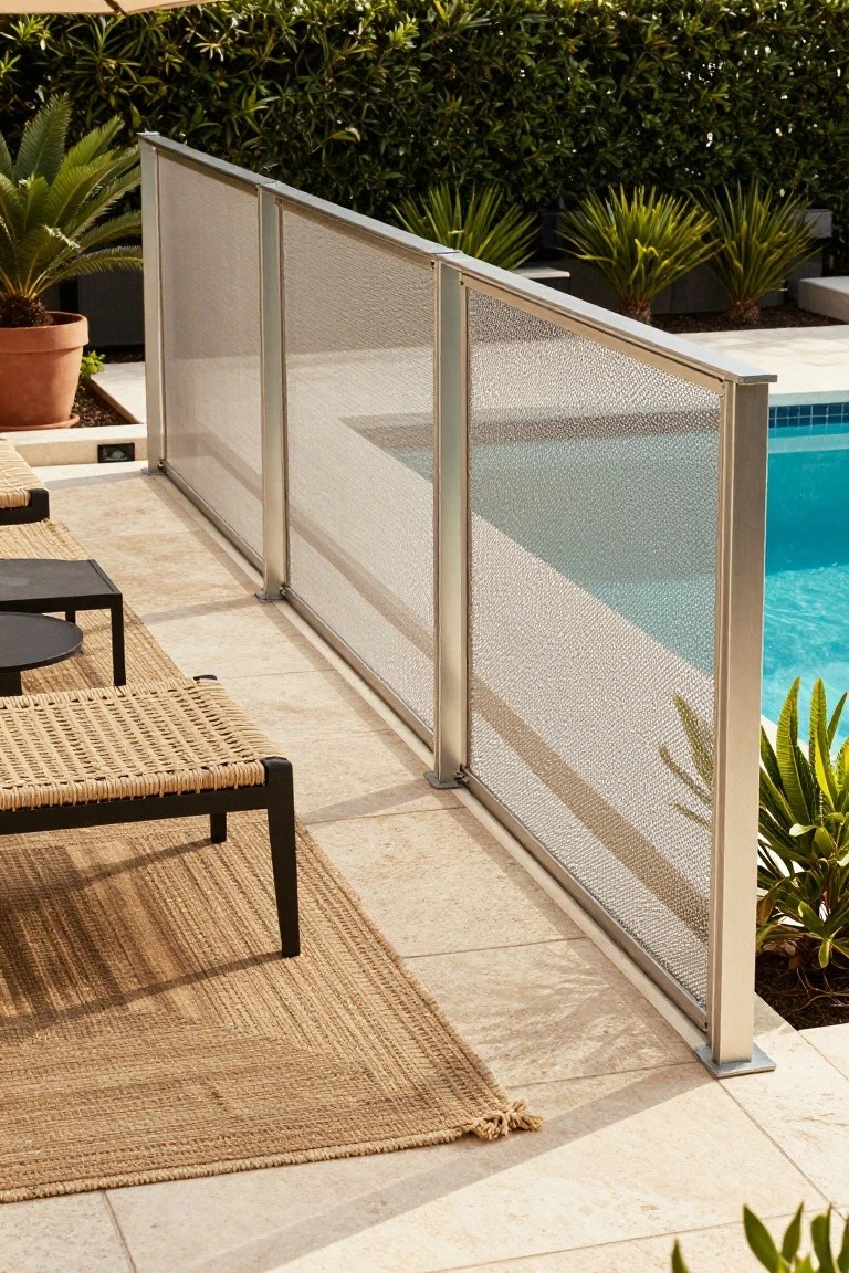 23 Smart Pool Deck Privacy Ideas That Still Feel Open Metal-framed white mesh privacy screen along a beige travertine pool deck edge, with rattan lounge chairs on a seagrass rug, overlooking a blue pool, potted plants, and green hedges.