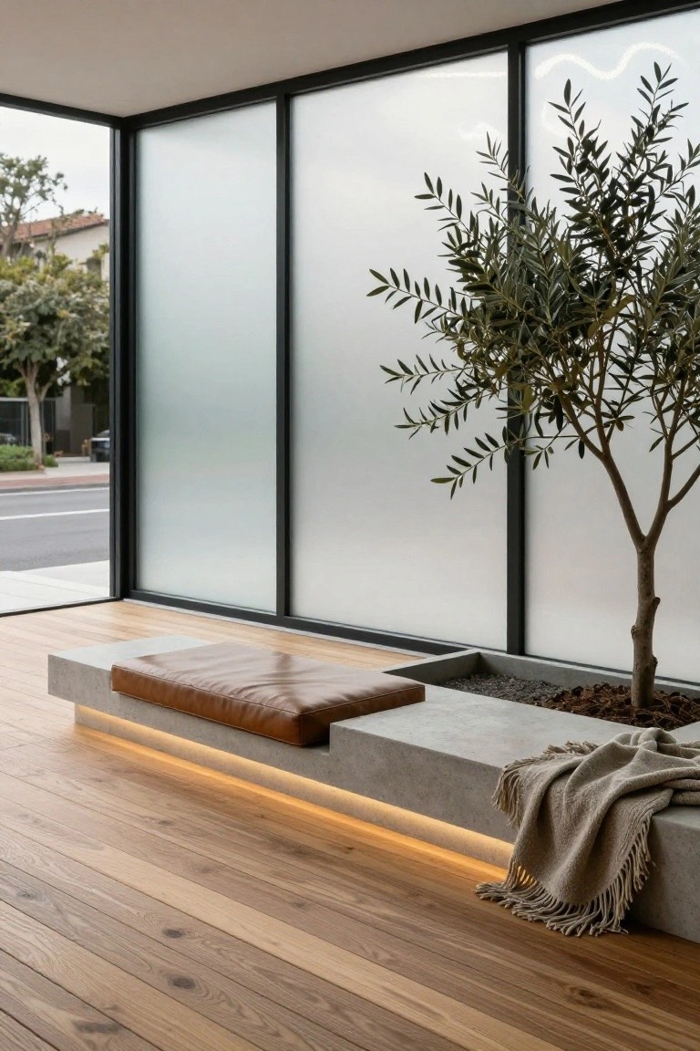 Modern indoor seating area featuring a concrete bench with tan leather cushion and beige throw, an olive tree in a rectangular planter, beside floor-to-ceiling frosted glass sliding doors with outdoor street view beyond, on light wood floors.