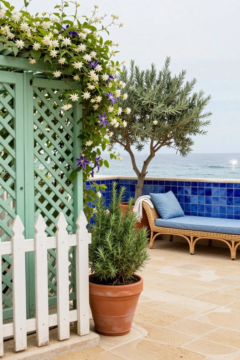 23 Smart Pool Deck Privacy Ideas That Still Feel Open Mint green lattice trellis overgrown with white star-shaped flowers and purple clematis next to a short white picket fence on a beige tiled pool deck terrace, with potted rosemary, rattan chaise lounge on blue tiled wall, olive tree, and ocean view.