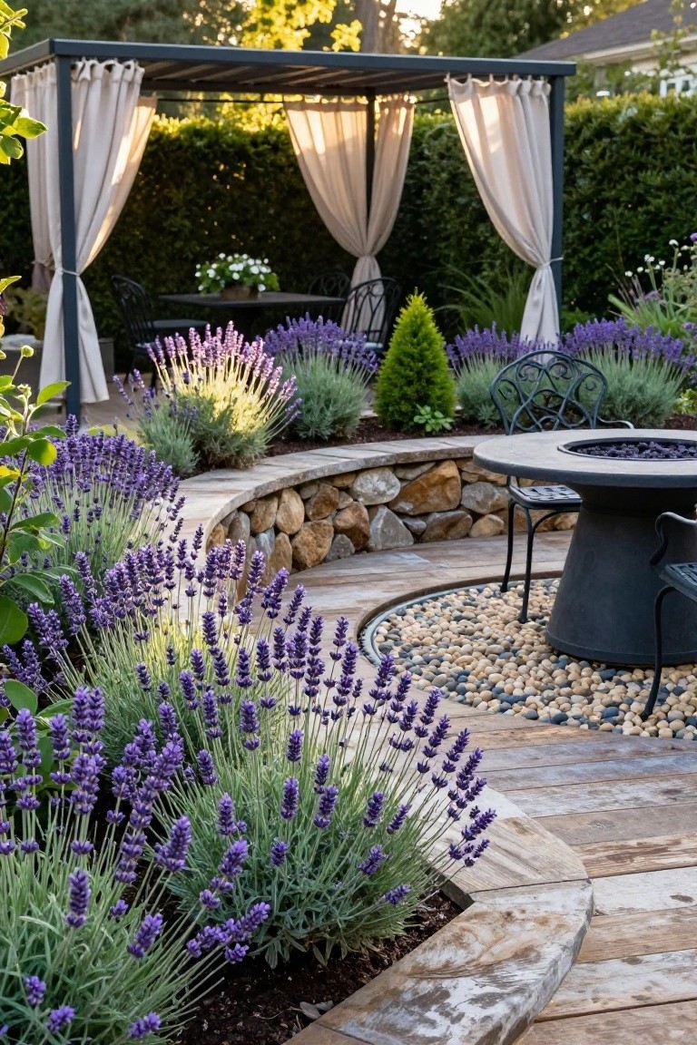 Curved stone wall edged with dense lavender plants surrounds a round black gas fire pit table and metal chairs on a gravel circle, with a draped pergola, hedges, and more lavender in a backyard patio setting.