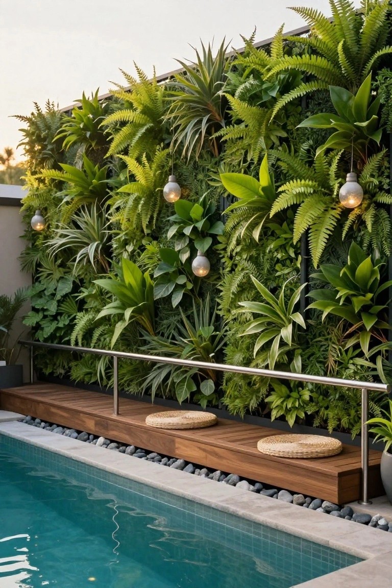Turquoise pool edged in pebble stones and tiled decking, with wooden bench seating, stainless steel railing, and tall vertical wall covered in dense green ferns and plants with integrated hanging globe lights.