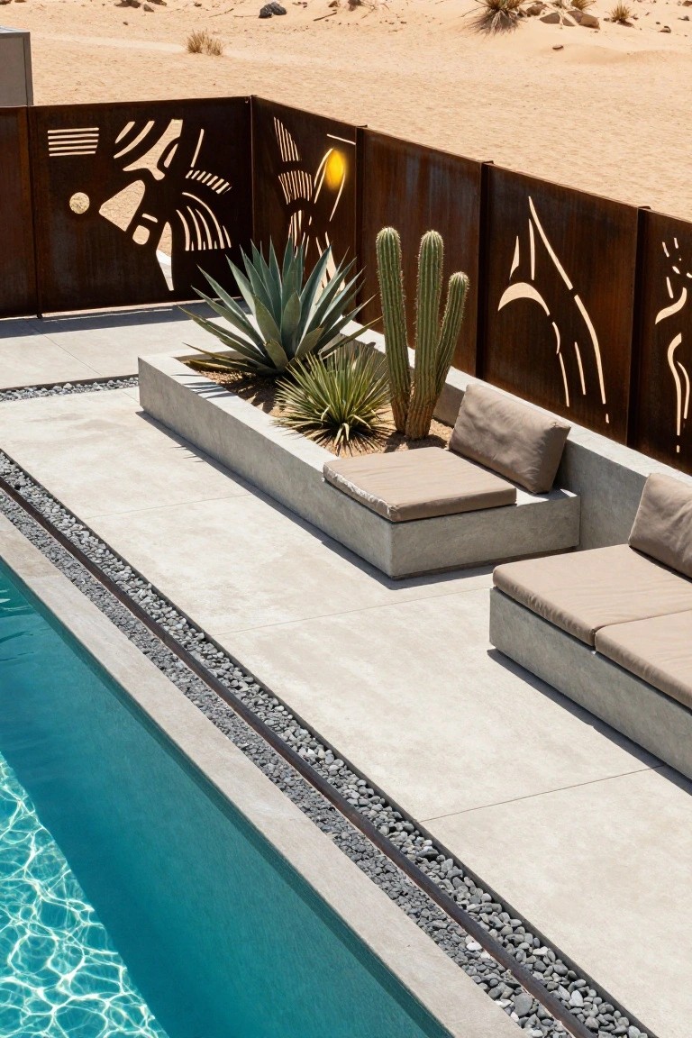 23 Smart Pool Deck Privacy Ideas That Still Feel Open Aerial view of a pool deck with beige cushioned built-in concrete benches, a rectangular concrete planter holding agave and cacti plants, tall rusted metal privacy screens featuring abstract cutout patterns, and a turquoise pool edged in light stone, set against a sandy desert background.