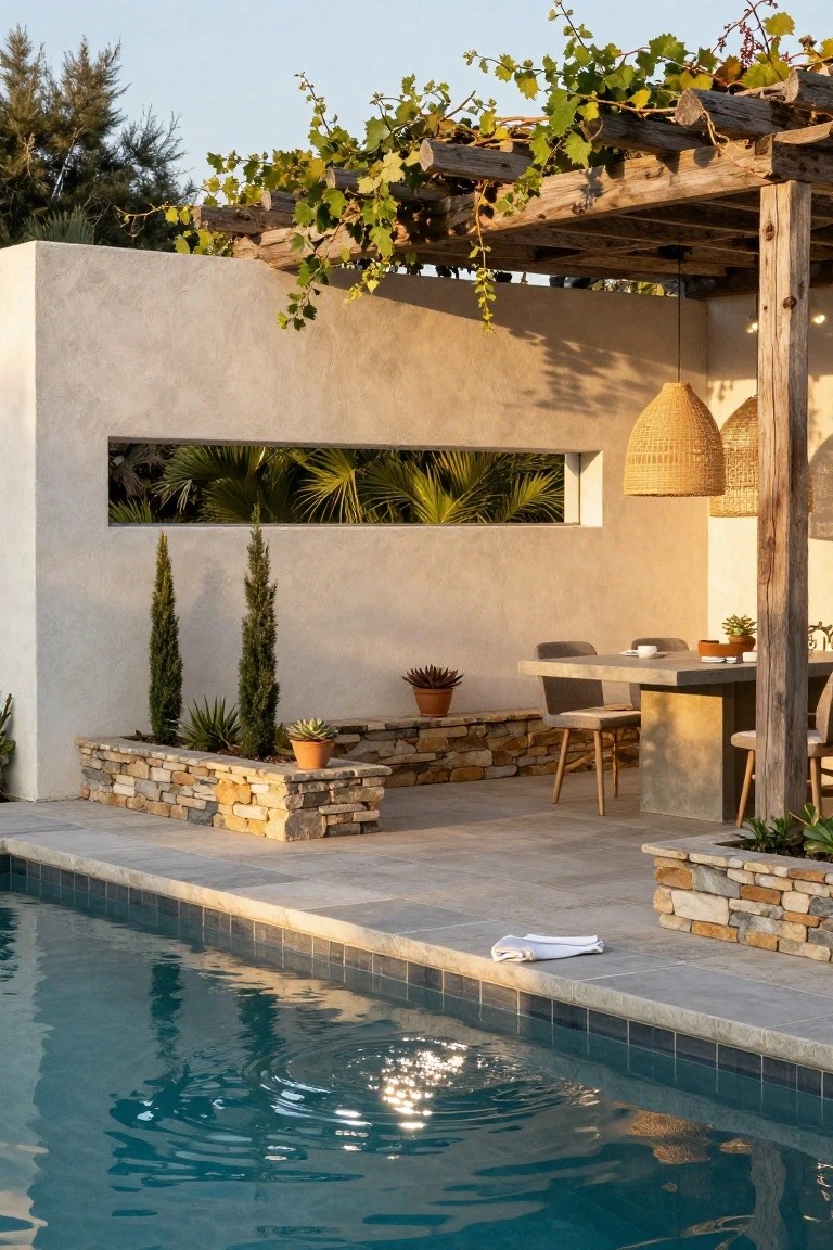 Pool deck area featuring a vine-covered wooden pergola, stucco privacy wall with narrow horizontal window showing palm fronds, outdoor dining table and chairs, stone planters with agave and other plants, and turquoise pool edge.