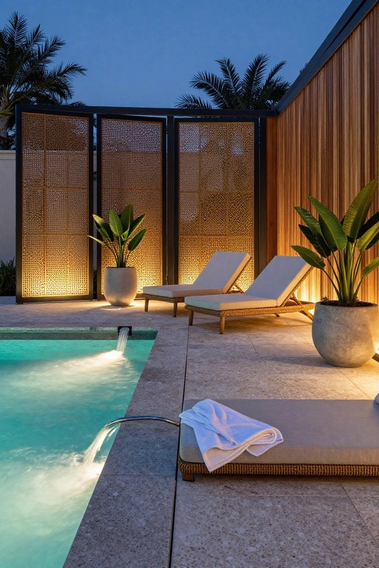 23 Smart Pool Deck Privacy Ideas That Still Feel Open Pool deck at dusk with two beige loungers, large potted plants, tall black-framed perforated screens with warm backlighting, a white towel on a low rattan bench, and a lit pool with chrome waterfall spout.