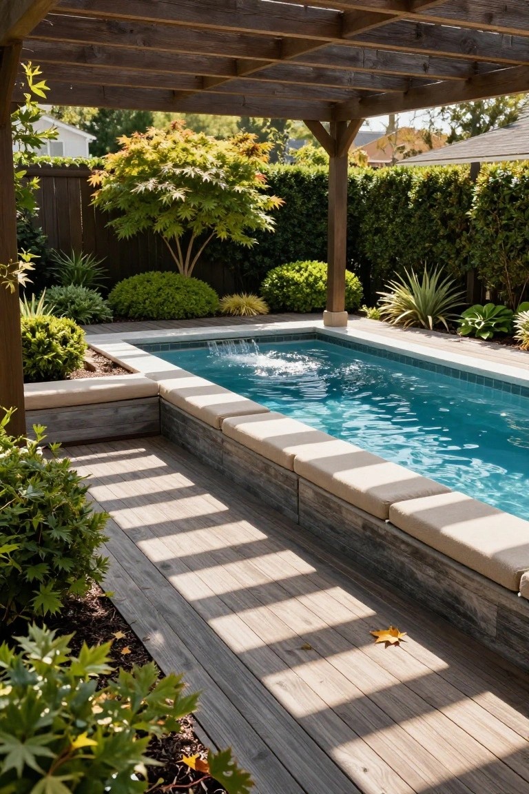 23 Smart Pool Deck Privacy Ideas That Still Feel Open Narrow lap pool with fountain, surrounded by wooden deck with built-in cushioned benches, lush hedges along fence, Japanese maple tree, agave plants, and wooden pergola overhead in backyard.