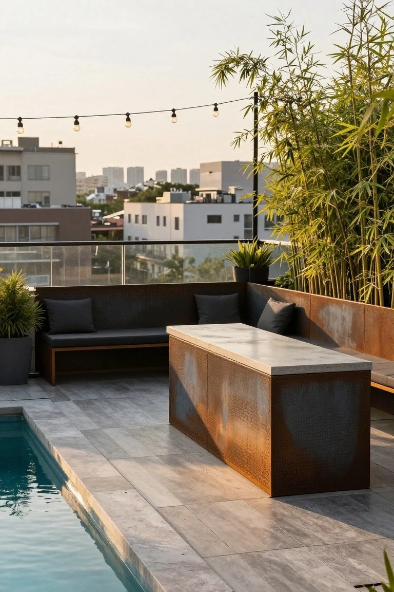 Rooftop pool deck with tall bamboo plants along the edges, corten steel bench seating with gray cushions, string lights overhead, glass railings, and city buildings in the background.