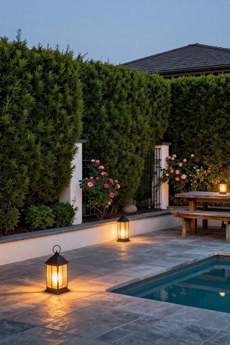 Pool deck at dusk surrounded by tall green conifer hedges, white stucco wall with black iron gate and pink rose bushes, rustic wooden table and benches, two black metal lanterns on gray slate pavers next to a blue inground pool.