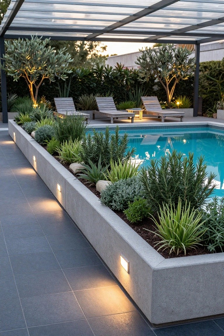 Pool deck with raised concrete planters along the edge filled with succulents, grasses, and rosemary, turquoise pool water, lounge chairs under a glass-roofed structure, and integrated low lighting on dark tile paving.