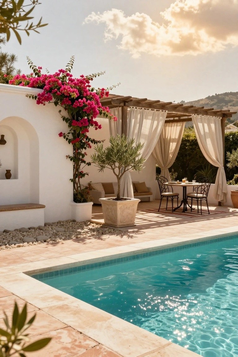 23 Smart Pool Deck Privacy Ideas That Still Feel Open White stucco wall with pink bougainvillea climbing up it next to a wooden pergola draped in sheer white curtains enclosing an outdoor dining table and chairs by a turquoise pool edged in terracotta tiles.