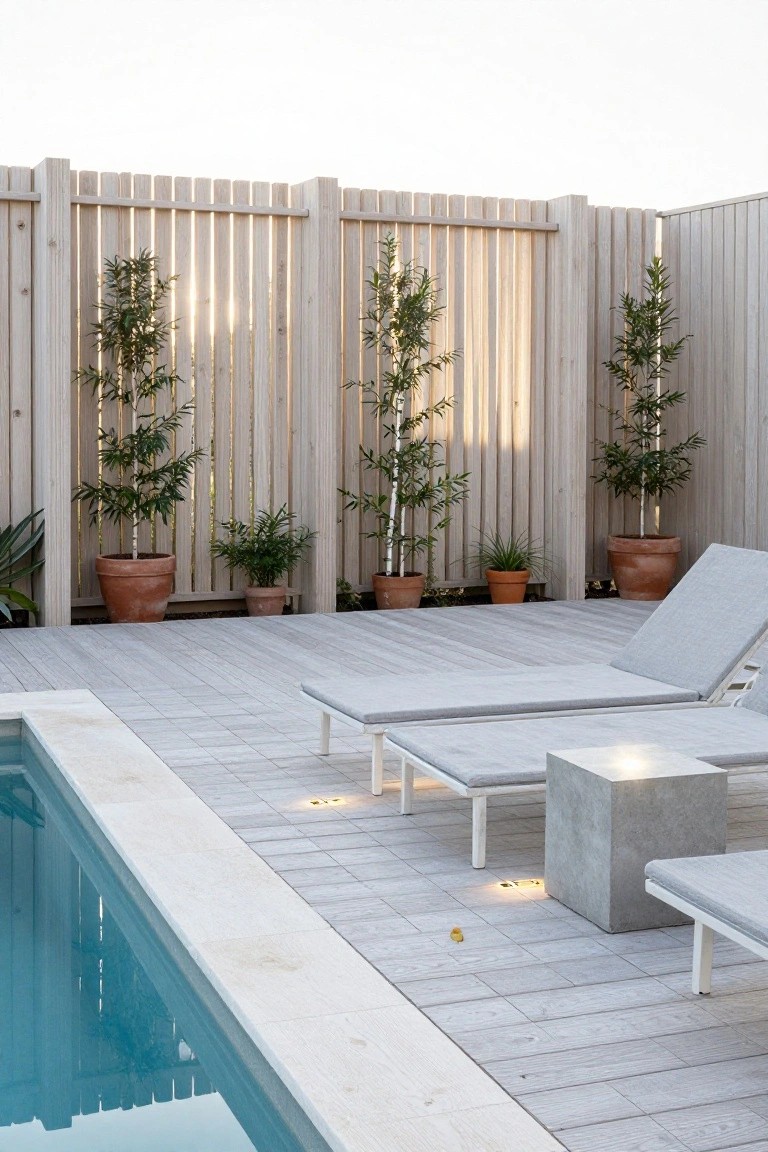 23 Smart Pool Deck Privacy Ideas That Still Feel Open Pool deck with two gray loungers, concrete side table, potted plants and trees against light slatted wooden fencing, adjacent to turquoise pool with white stone edging.