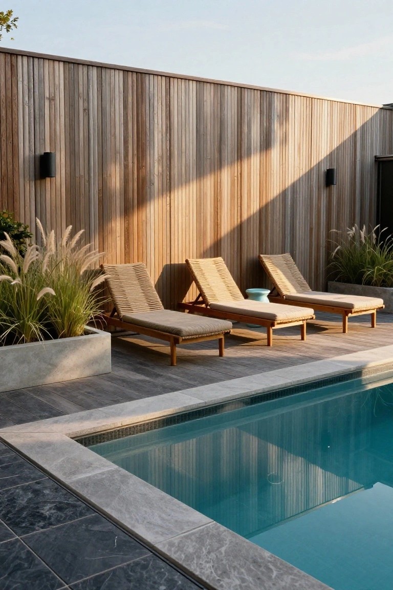 23 Smart Pool Deck Privacy Ideas That Still Feel Open Pool deck with three beige woven loungers and turquoise water, bordered by dark gray tiles and surrounded by tall vertical slatted wooden fence with potted tall grasses.