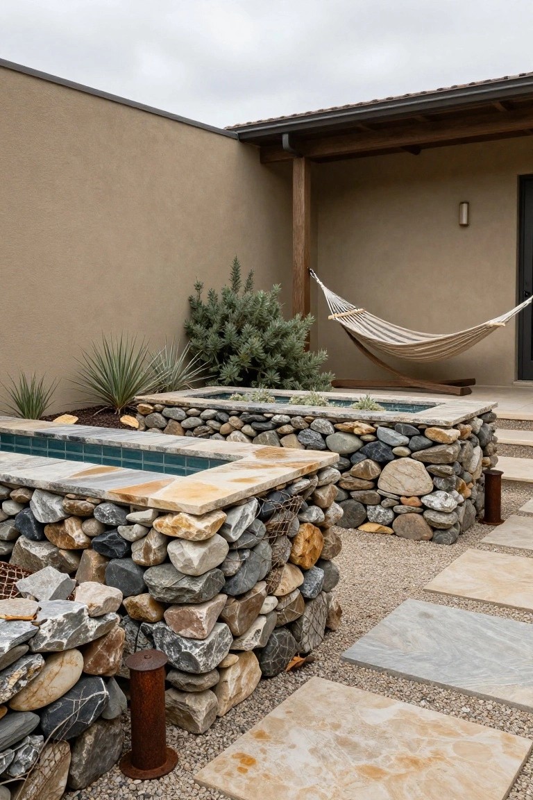 23 Smart Pool Deck Privacy Ideas That Still Feel Open Two small turquoise-tiled pools surrounded by low dry-stacked stone walls in an outdoor patio area with a hammock, gravel ground, paver steps, and plants beside a beige house wall.