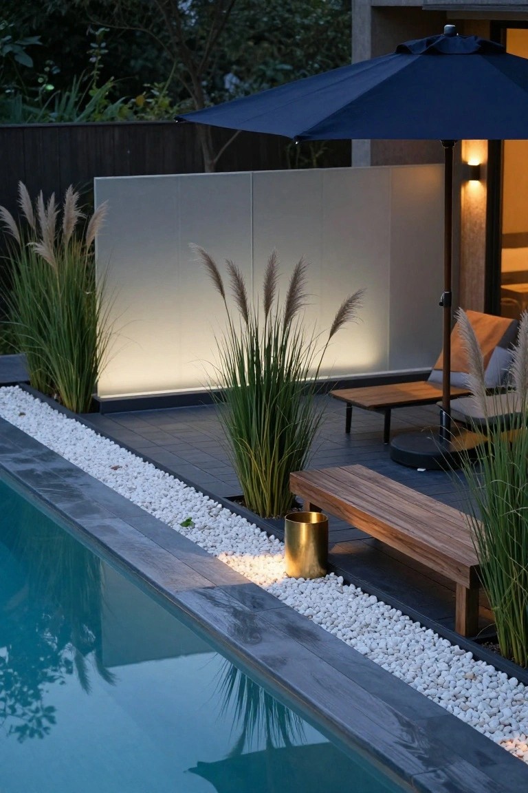 23 Smart Pool Deck Privacy Ideas That Still Feel Open Pool deck at dusk edged with white pebbles and tall pampas grasses, a white privacy screen, wooden bench and lounge chair under blue umbrella, gold lantern, and lit modern house nearby.