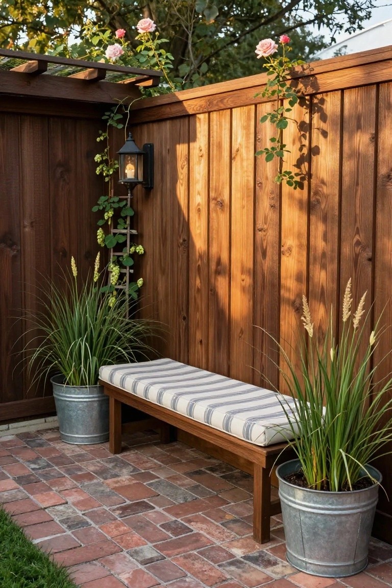 Wooden bench with striped cushion on brick paver patio, flanked by tall grasses in galvanized buckets against a wooden fence with climbing roses, vines, and a wall lantern.