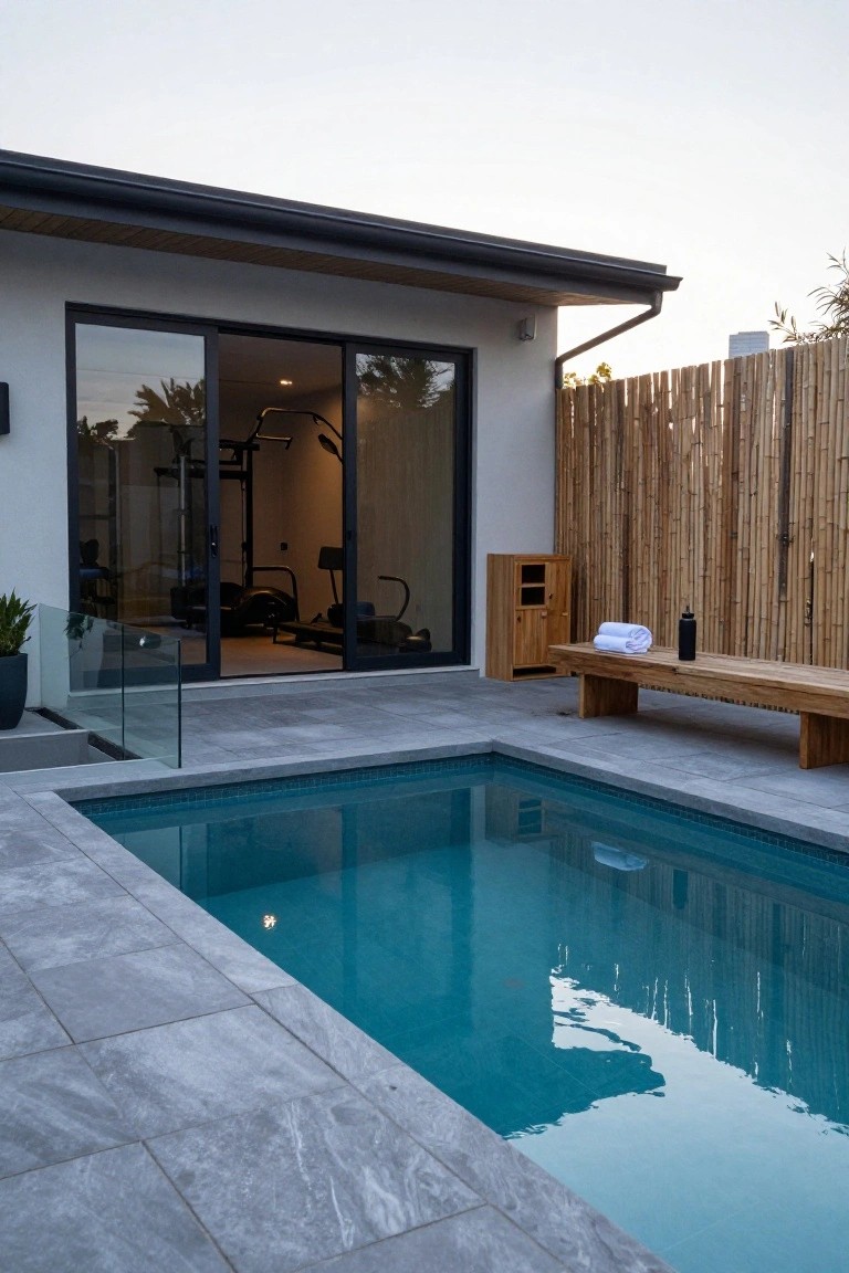 Compact outdoor pool with gray tiled deck, glass side railing, wooden bench holding a towel and water bottle next to bamboo fencing, potted plant, and glass doors to an indoor gym.