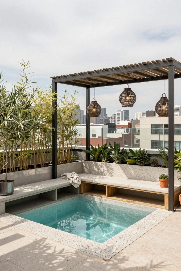 Rooftop terrace with small square turquoise plunge pool, built-in concrete bench seating along two sides, surrounding bamboo plants in planters, wooden pergola with hanging rattan lanterns, potted plants, and city buildings in the background.